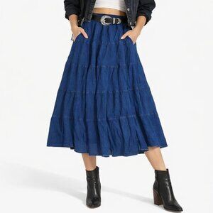 Women's Blue Tiered Midi Skirt Boho Cottagecore Elastic Waist Flowy Casual
